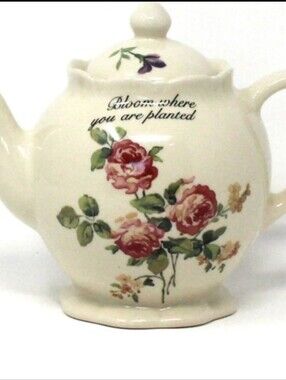 Bloom Where You Are Planted Floral Ceramic Teapot - Cream with Rose Print